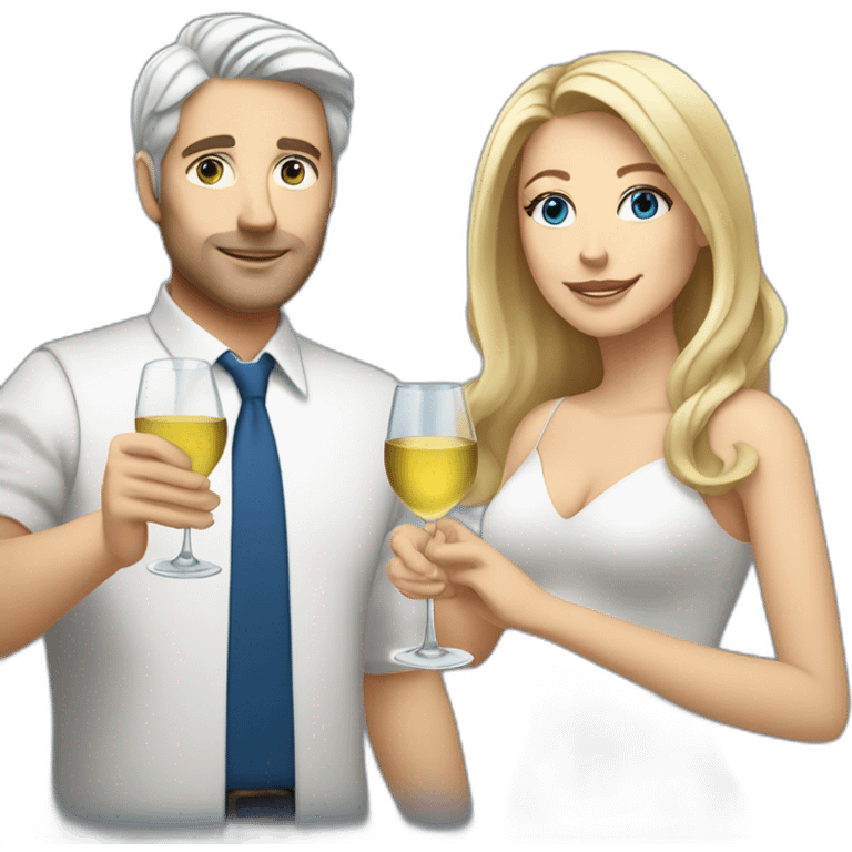 A white woman with brown eyes and blond medium long hair and a white man with blue eyes and grey hair, toasting with a glass of white wine emoji