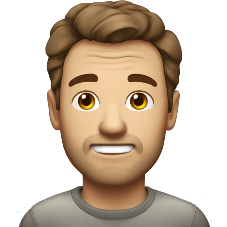 Man with brown quiffed hair with grey bits in, cubby cheeky, stubble, tortoise plastic glass square on emoji