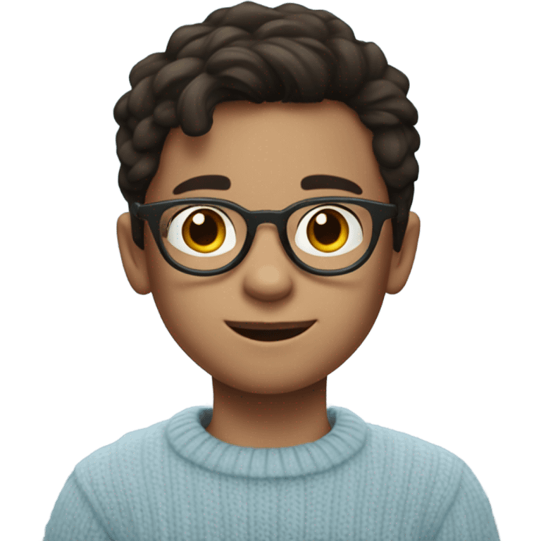 A little boy that is about 10 years old, wearing circular glasses and dark brown hair and a light blue sweater emoji