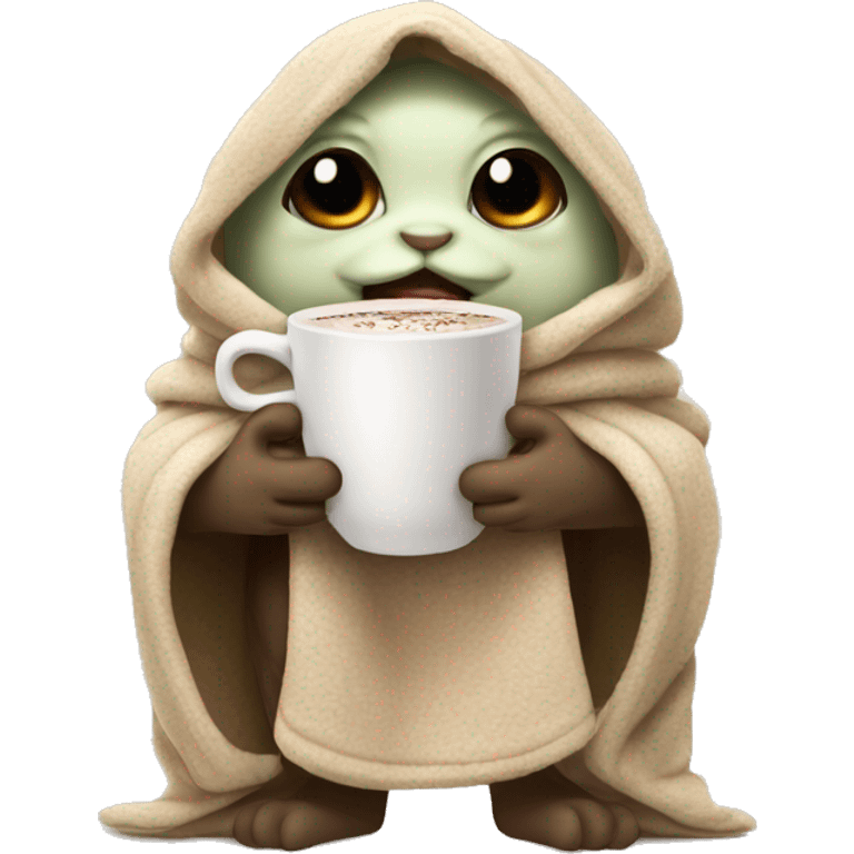 Grogu wearing a blanket with a cup of hot chocolate  emoji