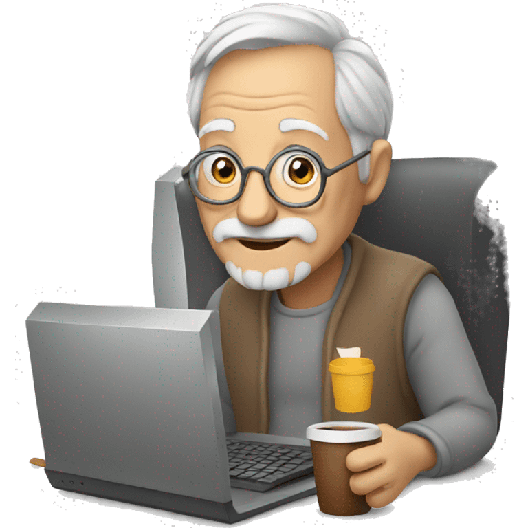 Old man with a computer and a coffee cup emoji