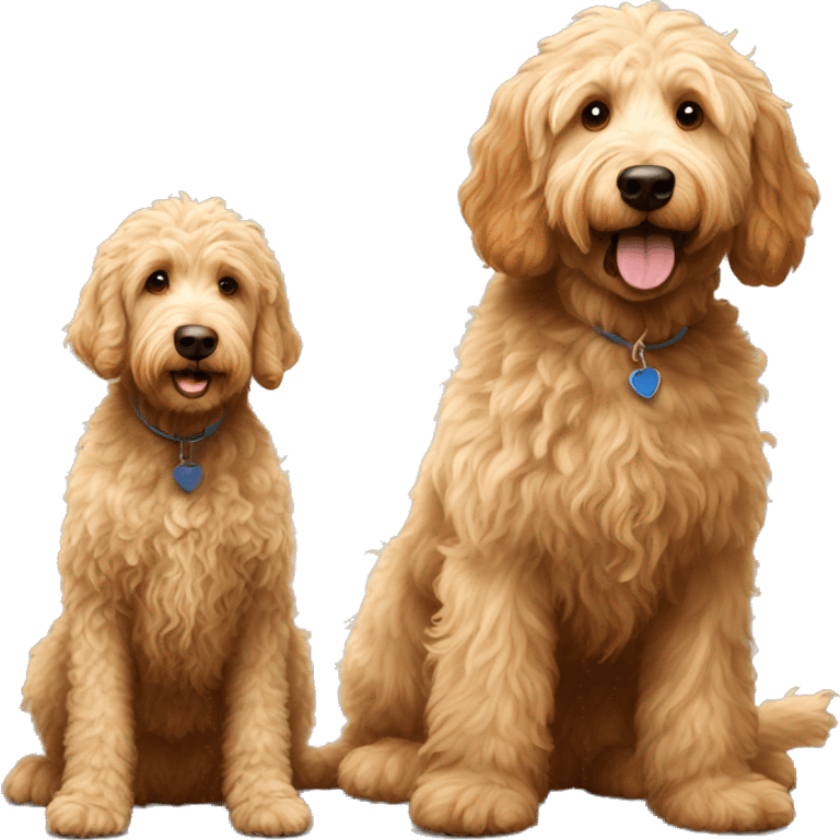 skinny golden labradoodle and big labradoodle playing emoji