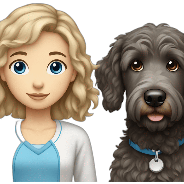 A black and grey golden doodle and a white girl with straight brown hair and blue eyes emoji