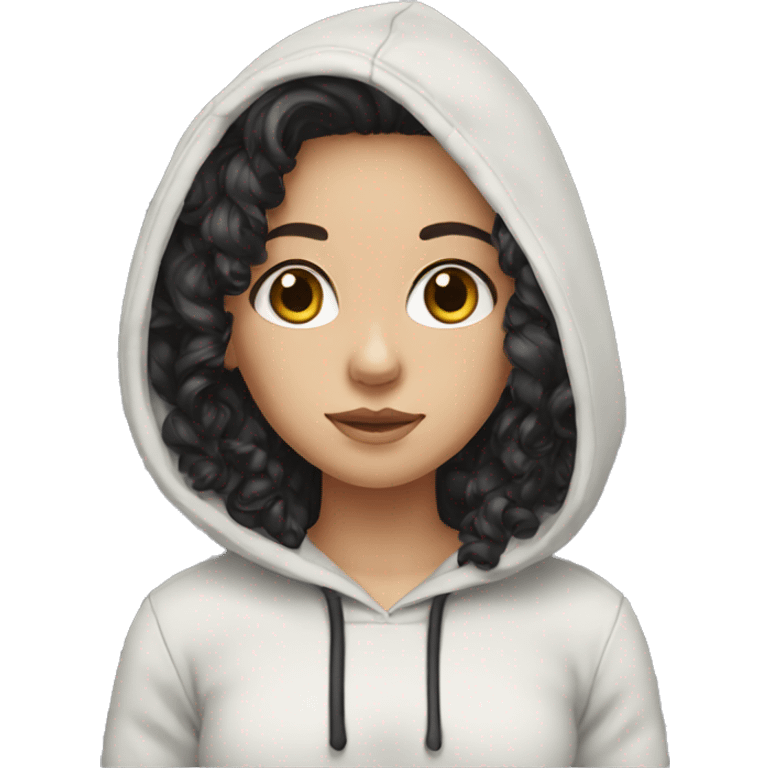 white girl with black long curly hair and brown eyes in hoodie emoji