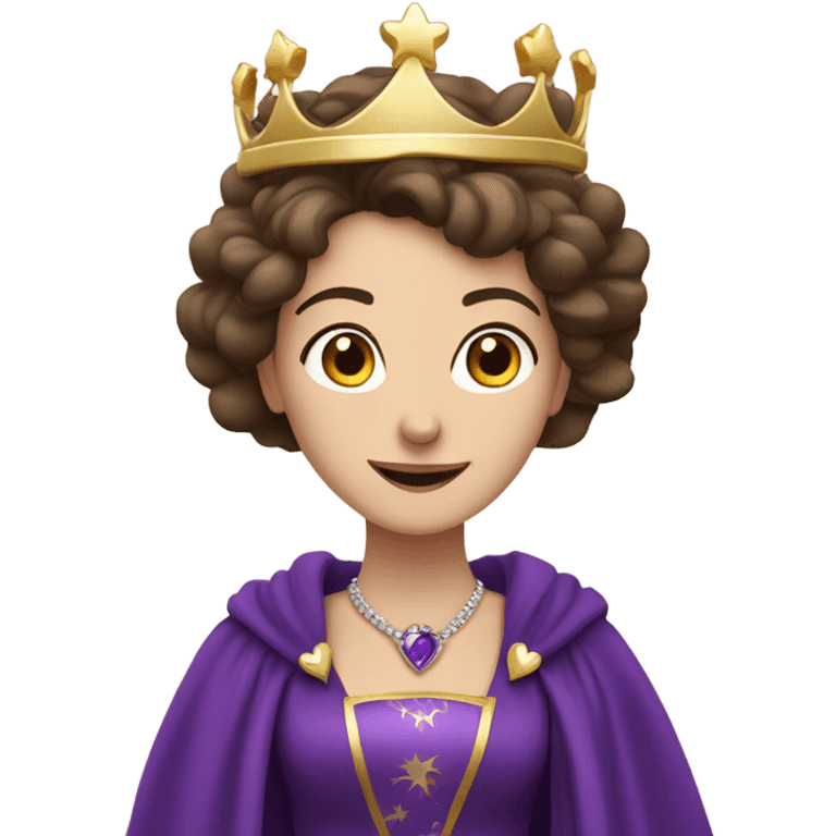 Caucasian long  brunette woman wearing formal royal purple robes and a crown. A burst of hearts are coming from her head. emoji