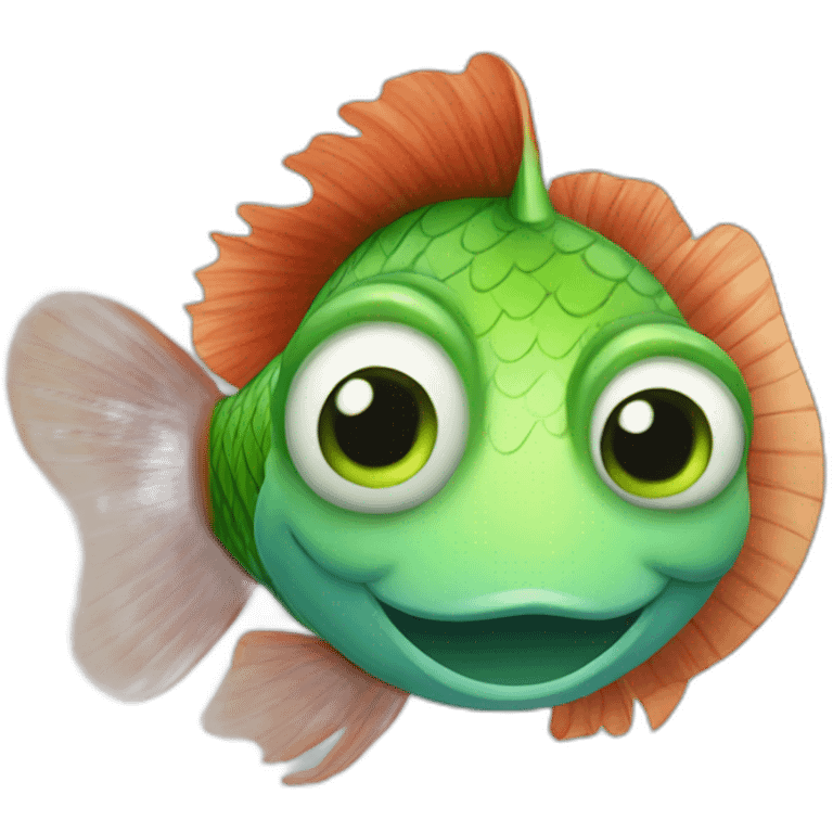 cute green fish with blue eyes and curly redhair emoji