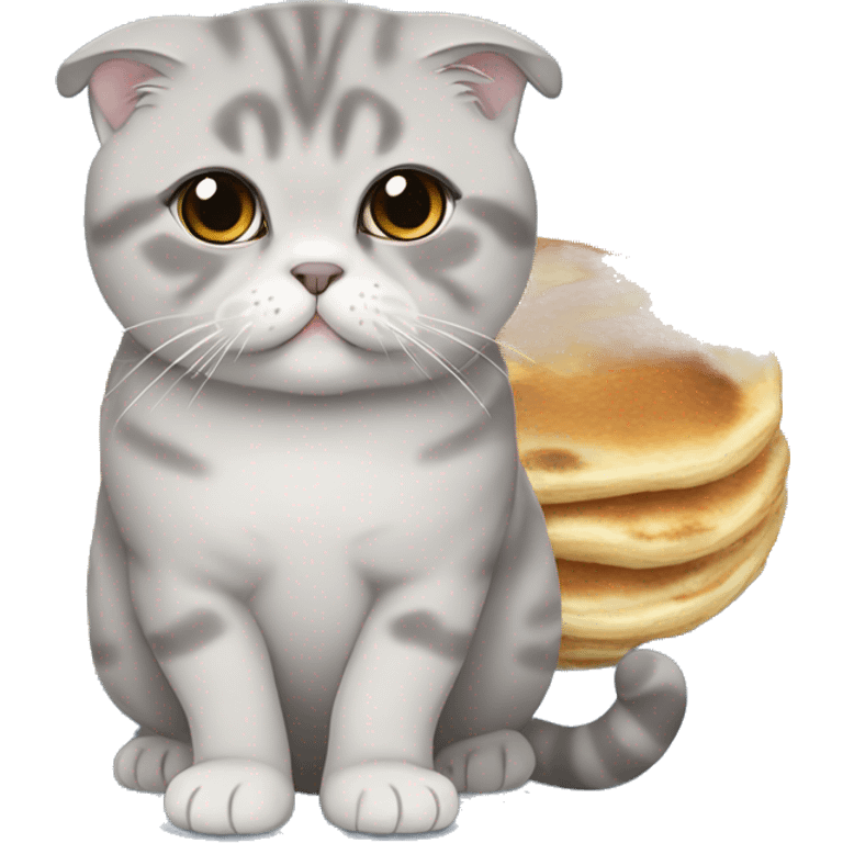 chubby grey scottish fold with blue eyes eating pancakes emoji