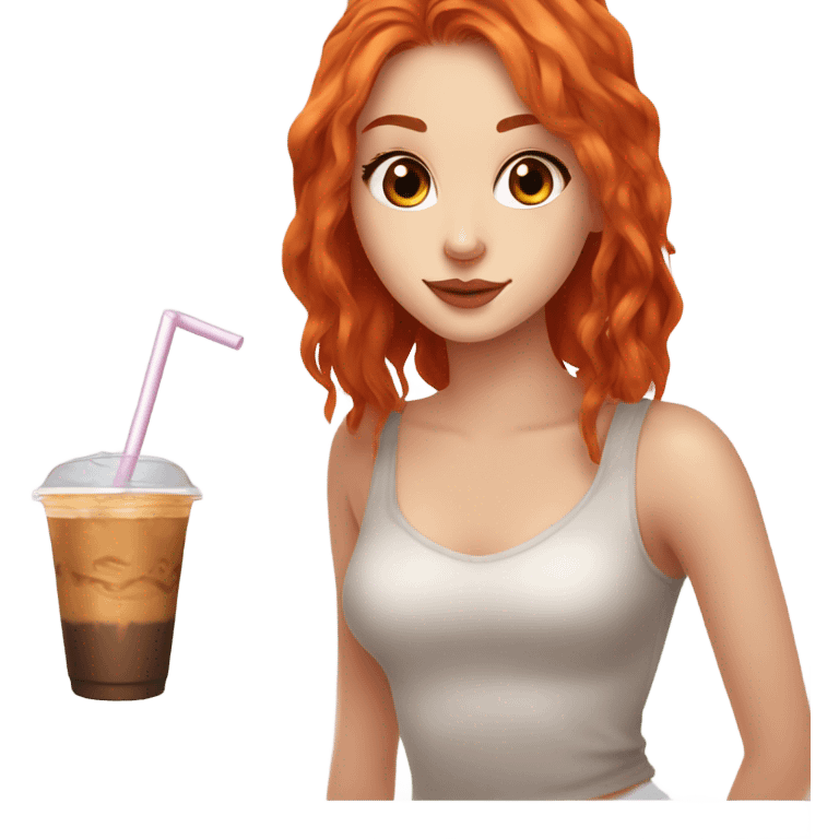 Beautiful fair skin long orange red hair girl brown eyes fair skin girly beautiful drinking straw iced ice coffee clean white beautiful emoji