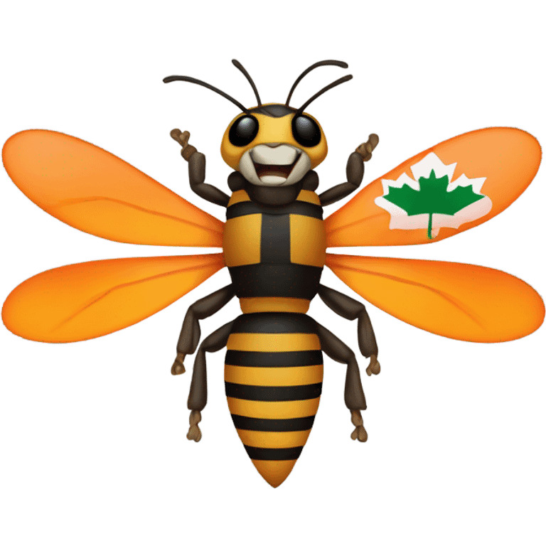 A hornet emoji except he has bright highlighter orange stripes instead of yellow and is holding a Canadian flag emoji