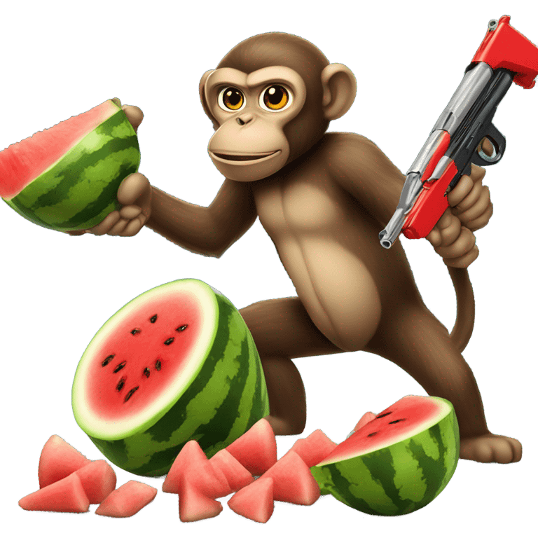 Monkey eating watermelon shooting gun and fried chickrn emoji