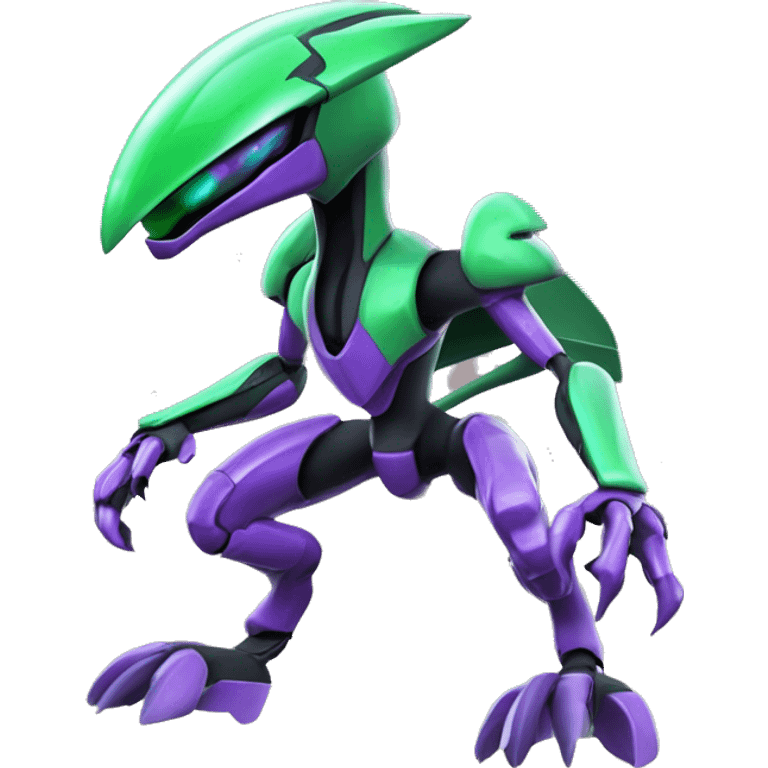 a shiny black-green-purple Genesect-Flygon-Raptor-Fakémon-Medabot-hybrid with a futuristic visor-helmet full body emoji