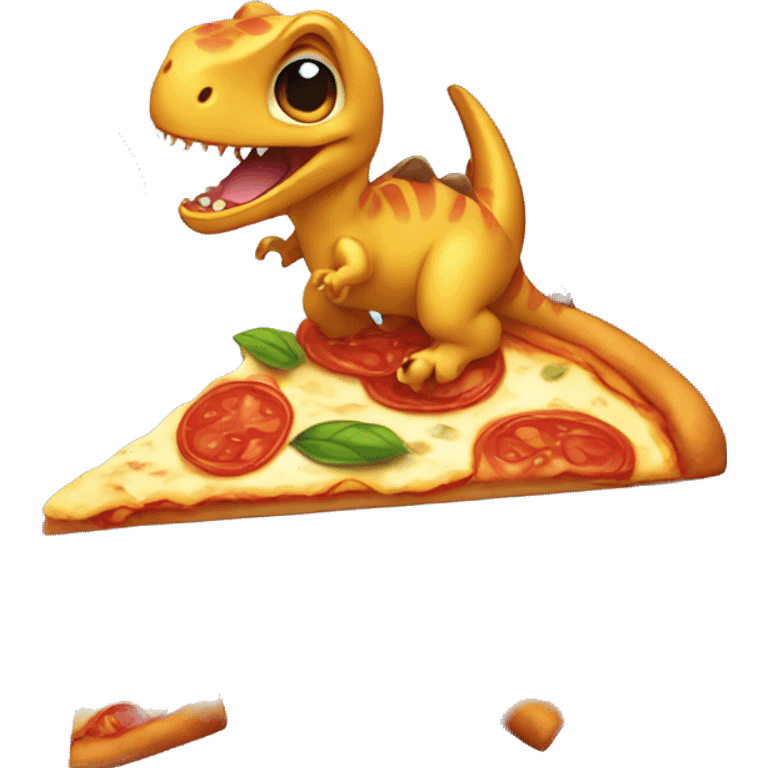 A tiny dinosaur riding on pizza slice emoji