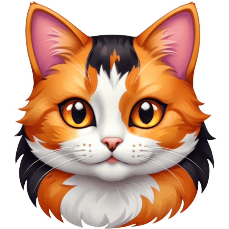 Cinematic Cute Calico Cat Portrait Emoji, Head tilted playfully with sparkling, inquisitive eyes and a charming patchwork fur of orange, black, and white, simplified yet irresistibly adorable, highly detailed, glowing with a warm, inviting glow, high shine, bubbly and affectionate, styled with a touch of whimsical feline charm, soft glowing outline, capturing the essence of a delightfully cute calico cat that looks as if it could prance off the screen into your heart! emoji