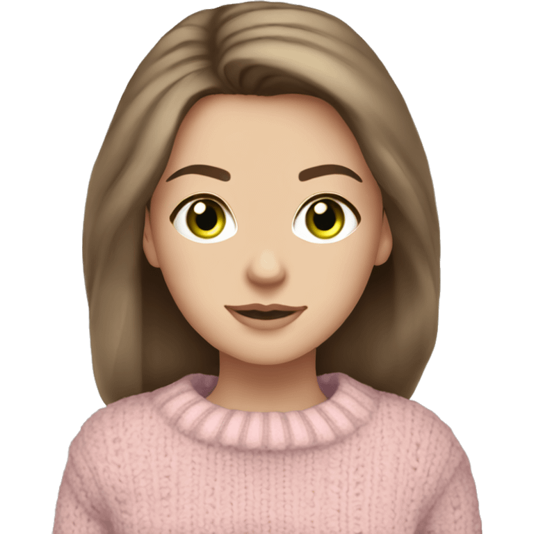 Pretty green eyed white girl with brunette hair with light pink sweater reading cozy emoji