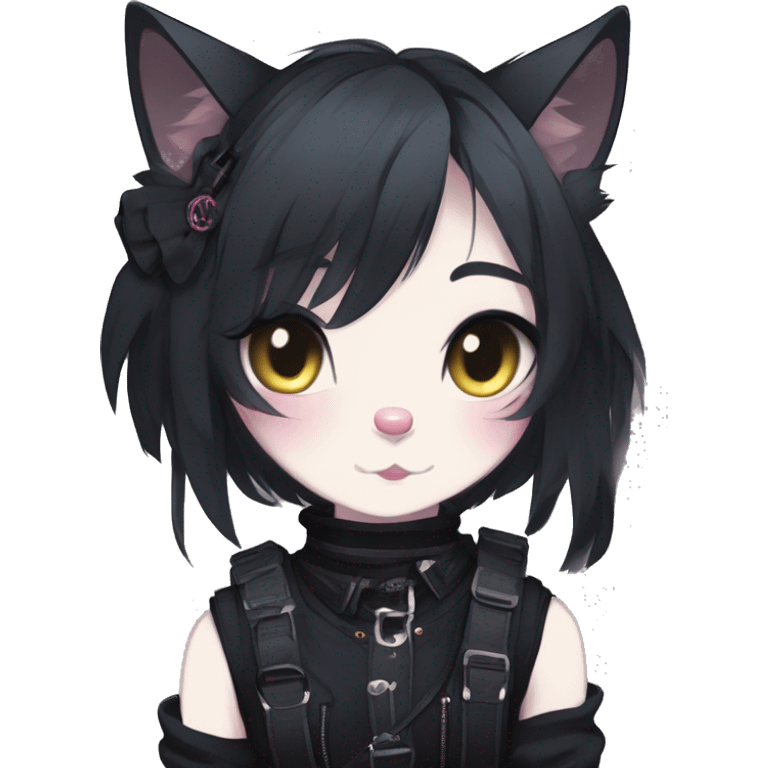 Gorgeous gothic dark techwear anime style anthro cat with blushing face aesthetic and pretty edgy black with collar and harness trending style emoji