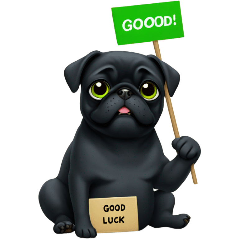 Black pug holding a green sign that says good luck  emoji