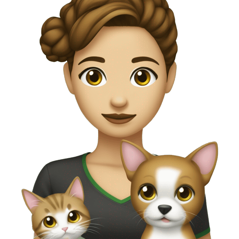 garota pele clara com cabelo cacheado castanho claro  loiro comprido 8 anos com olhos verdes muito escuros e um gato preto e um cachorro caramelo emoji