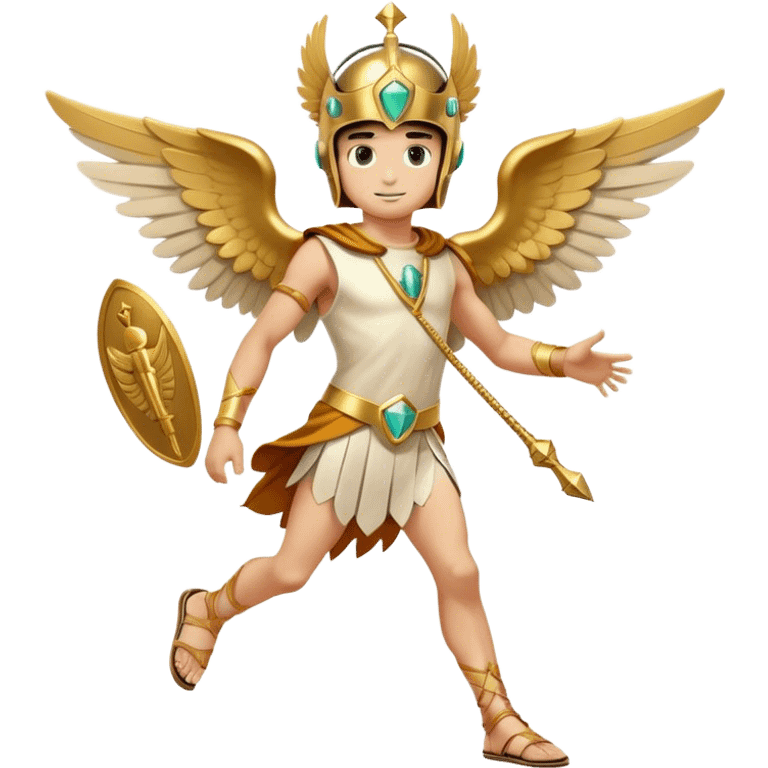 Generate an emoji-style depiction of Hermes, the Greek god of speed, travel, and communication. He should have a youthful face with a playful, clever expression. Include his signature winged helmet and winged sandals. He can hold a caduceus—a staff with two intertwined snakes and wings at the top. His outfit should be a simple tunic, preferably short to suggest agility. The color scheme should be gold, white, and light blue to emphasize his divine and swift nature. Make the overall style sleek and dynamic, as if he’s in motion or ready to dash away emoji