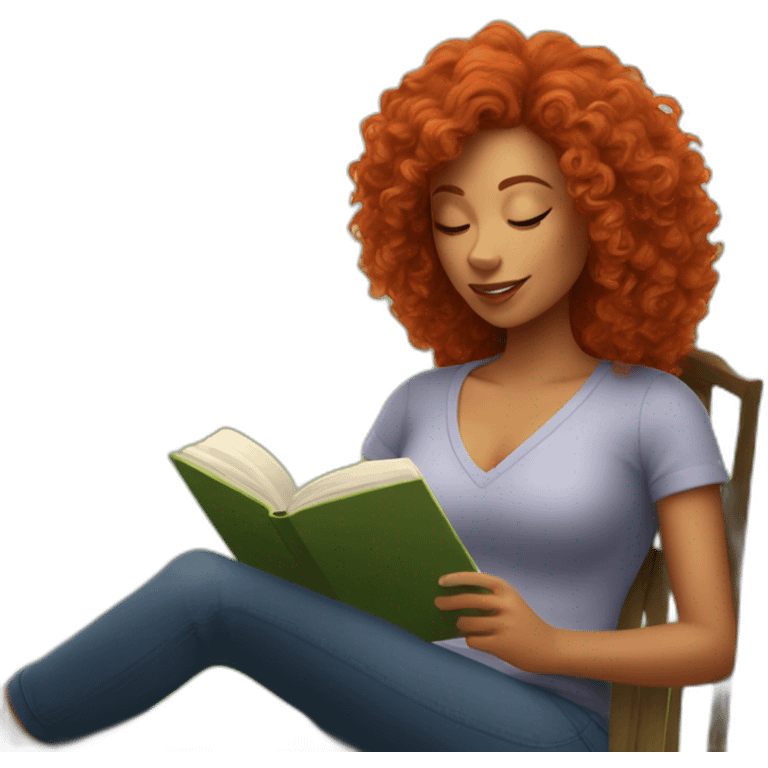 woman with curly red hair reading a book with a glass of wine in a park emoji