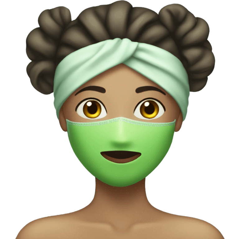 A girl having a spa day with a robe and a towel on her head with a green face mask emoji