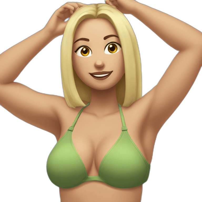 Slim-thicc Caucasian woman bikini hands in hair pose (beach body) emoji