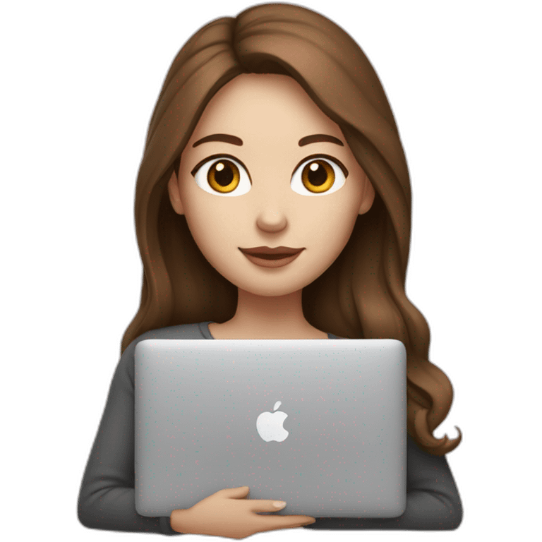 Girl with brown hair and white skin hold macbook emoji