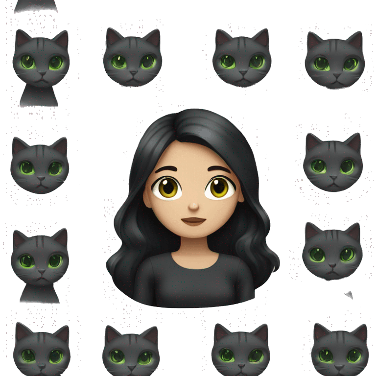 girl with long black hair and hazel eyes holding a dark grey cat with green eyes emoji