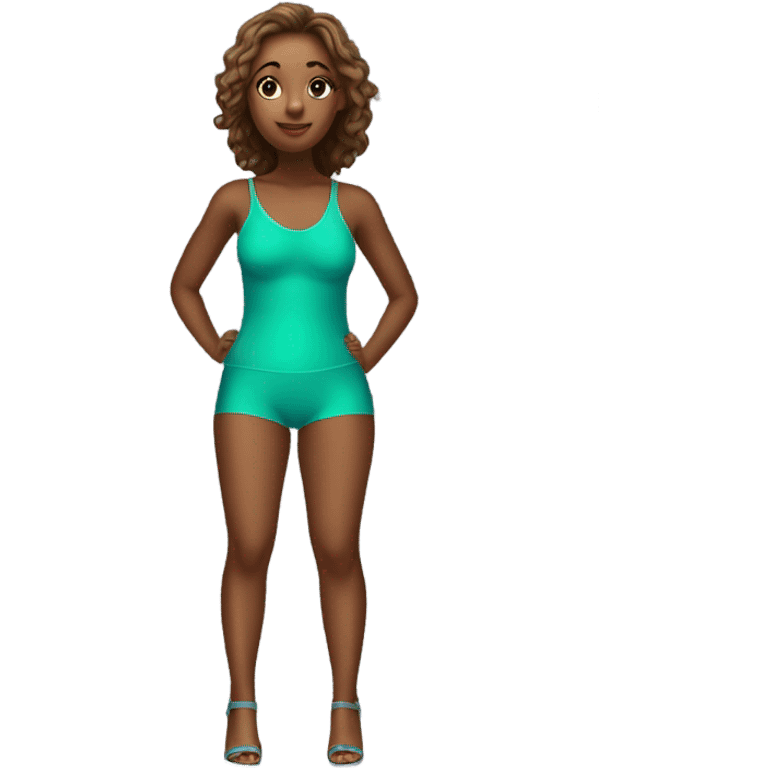 Girl in bathing suit and heels waiting by ATM emoji