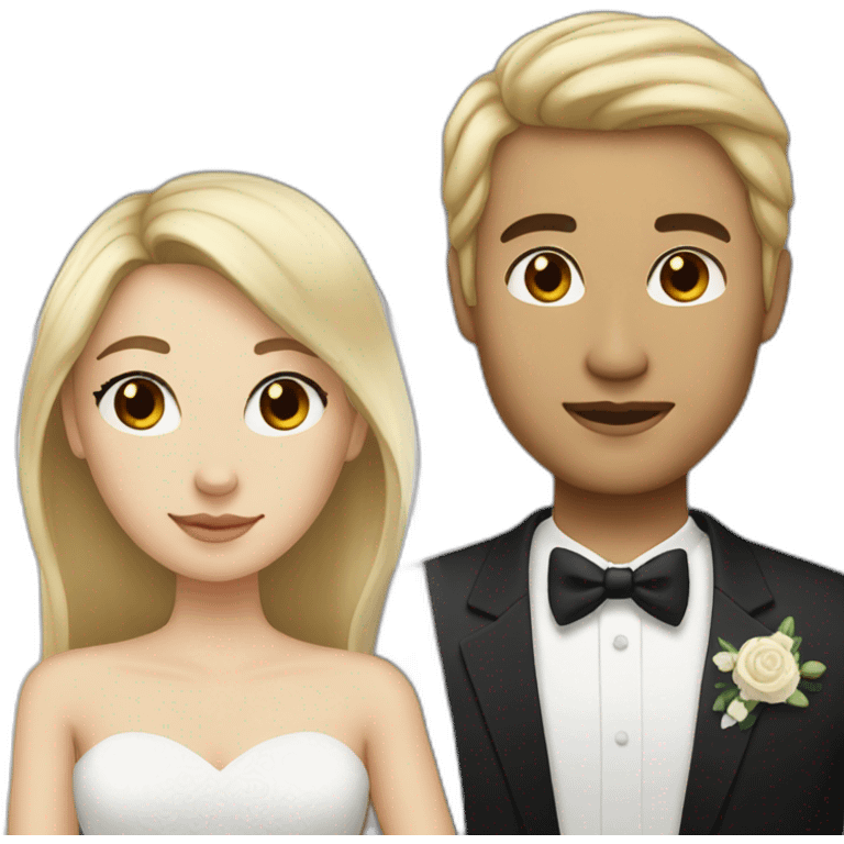 Woman with dark brown and straight hair with black eyes and man with blonde hair getting married emoji