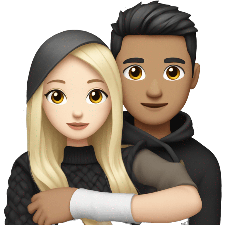 Blonde girl with blue eyes in black sweater and an east asian with light skin man with black hair and black eyes hugging emoji