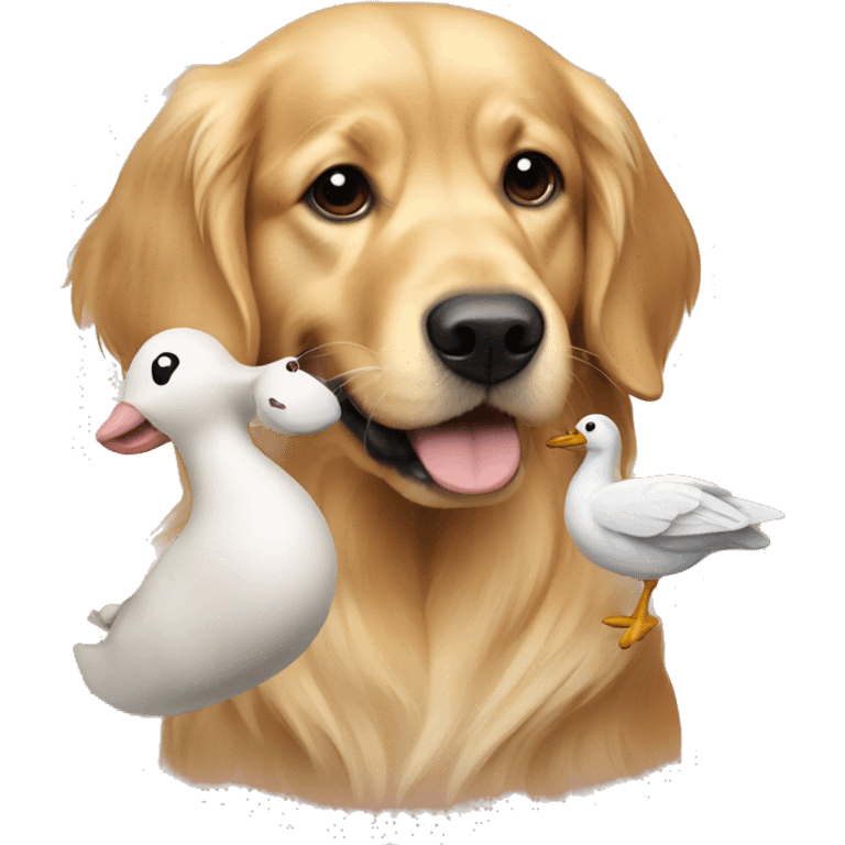 Golden retriever holding a goose toy emoji