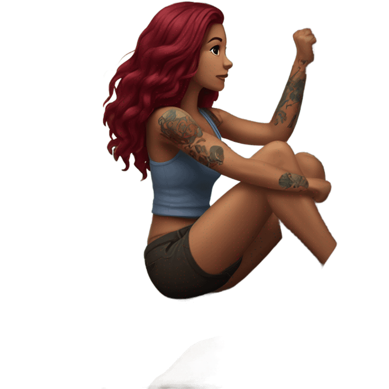 Beautiful tattooed woman long burgundy hair climbing rocks emoji