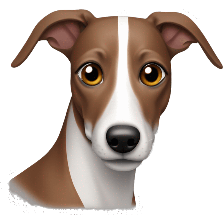 Red brown black striped whippet dog with white spots on face emoji