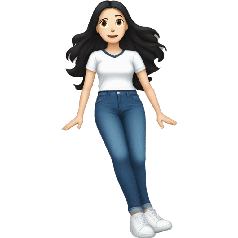 white woman with black hair, dark blue shirt and jeans, white sneakers, lying on the floor emoji