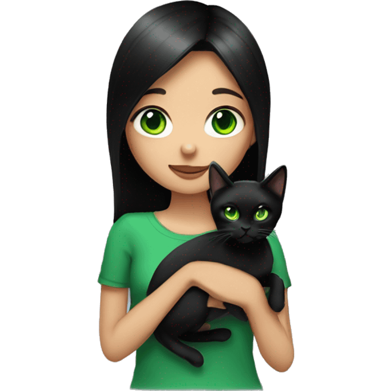 girl with black straight hair and green eyes holding a black cat with green eyes emoji