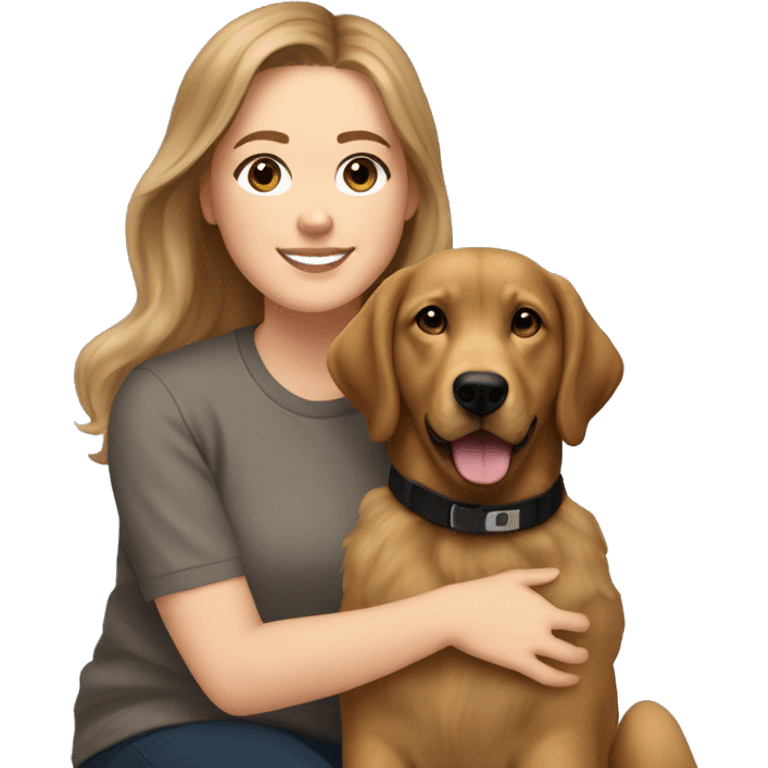 32 year old white woman with brown hair and balayage, wearing a light brown crew neck and matching sweatpants, who loves hockey and is sitting next to her golden retriever black lab mix emoji