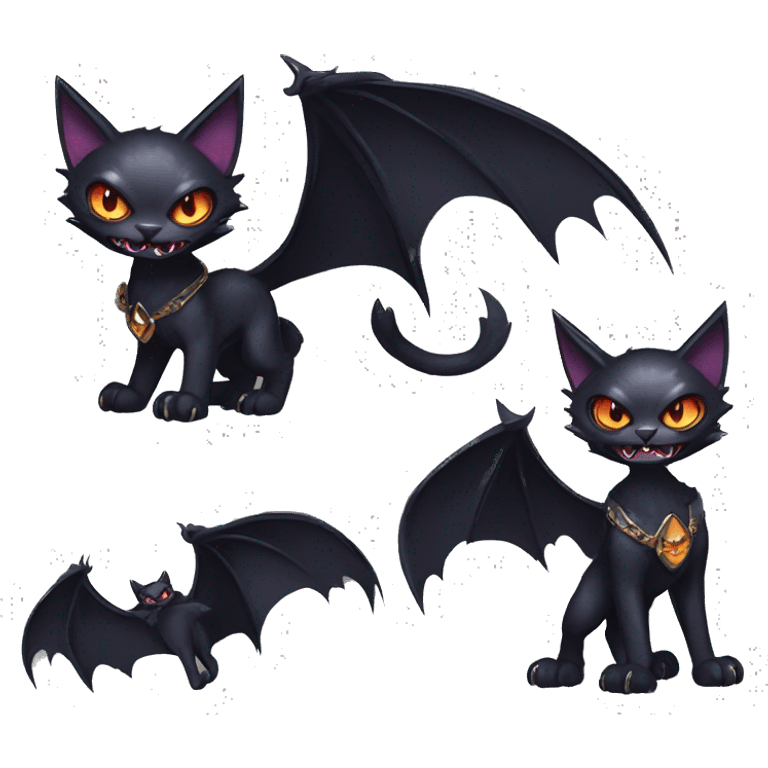  cool edgy fantasy dark-themed animal vampiric cat-hybrid Fakemon with fangs and bat-wing-ears with a collar full body emoji