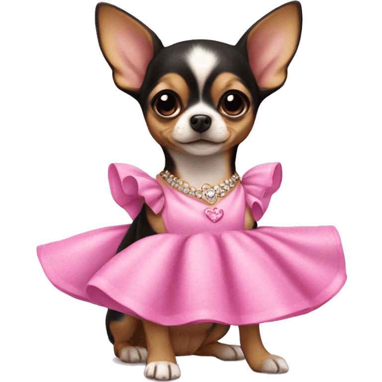 black & tan chihuahua puppy wearing a pink princess dress emoji