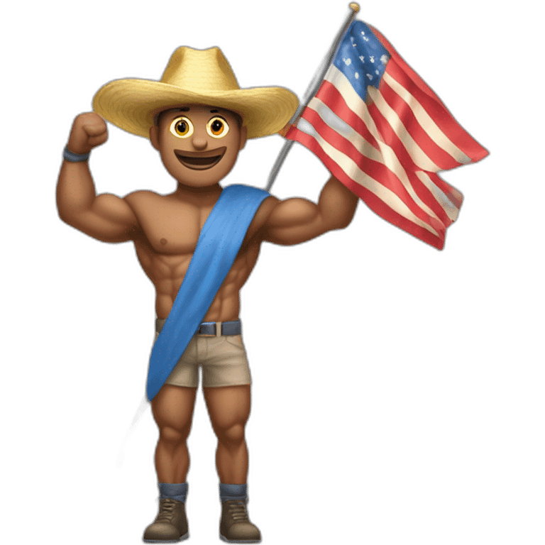 Create a full-body emoji of a muscular man, wearing a New Year's hat and holding a flag. emoji