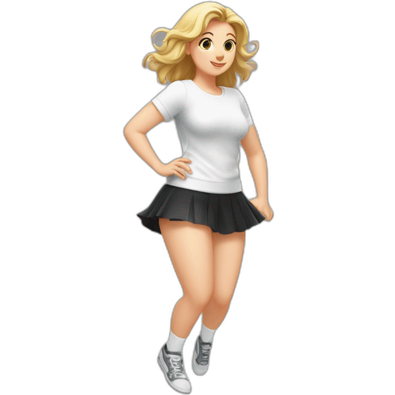 alistic-full-body-caucasian-curvy-фигуристка-jumping-short-black-skirt-back-and-front-views-strong-wind-white knickers-long-white-socks emoji