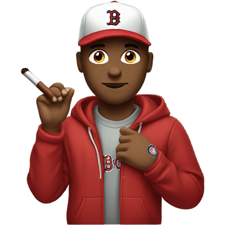 White Man wearing a red hoodie and a red Sox hat, smoking a cigar emoji