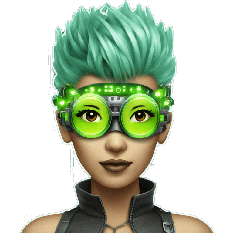 Neon green Mohawk hair Asian female cyborg head with silver steampunk goggles and circuits emoji