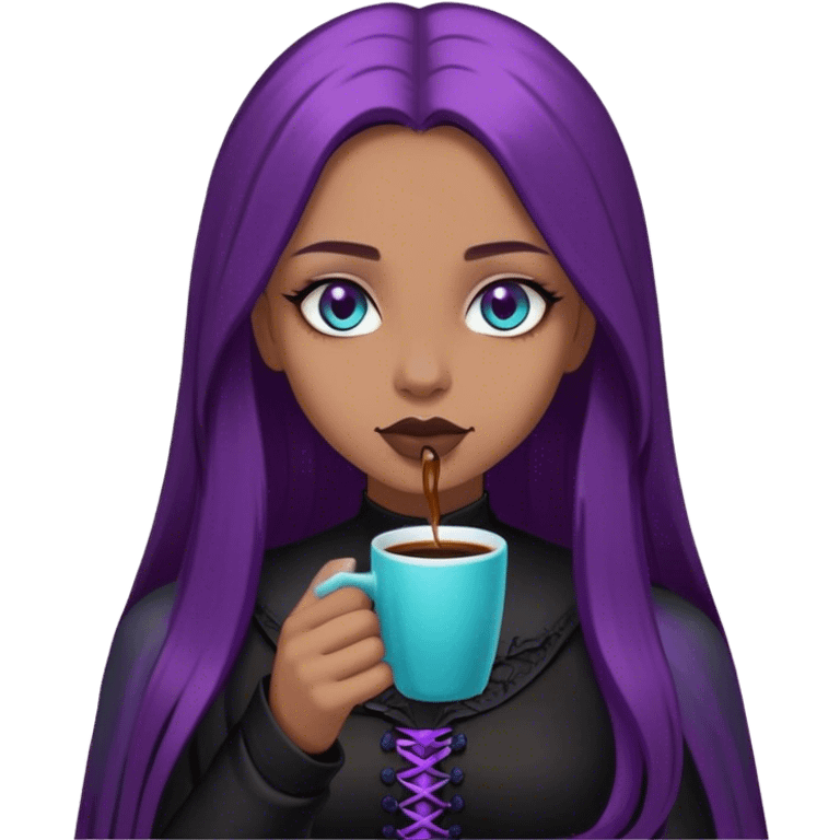 Gothic girl with cyan eyes and long smooth hairbrown. She is dressed in black and violet and drink a very good coffe with love.  emoji