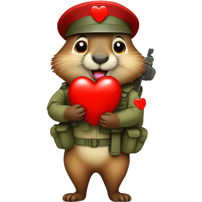 a cute soldier marmot hugging a red heart with love and passion being very happy emoji