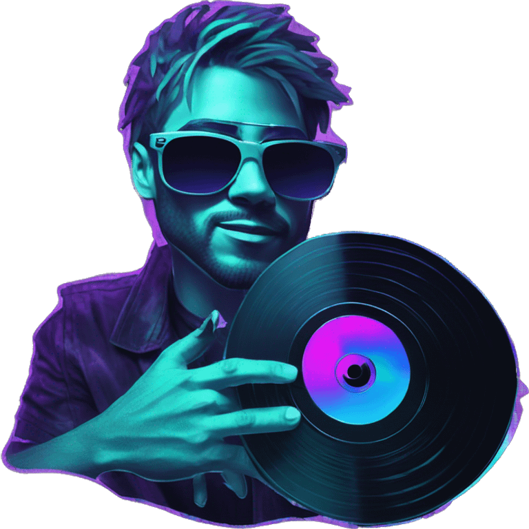 A dj wearing sunglasses playing music holding a cd record record, vinyl, oilslick holographic blacklight inverted graffiti dark dull emoji