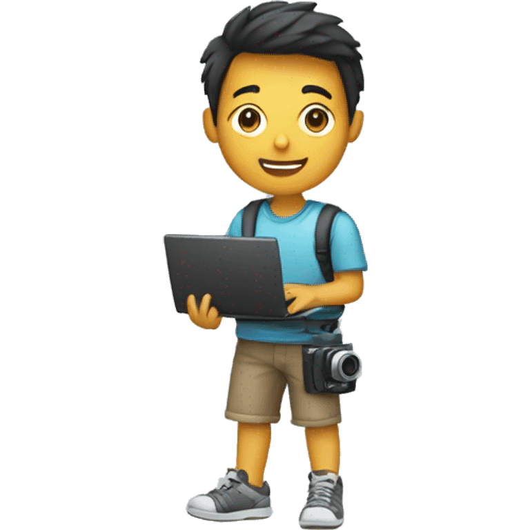 A boy having camera in one hand and laptop in other emoji