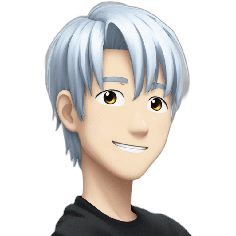 gojo satoru from jujutsu kaisen with white manga hair style, blue sky eyes and wear a black tight tshirt smiling emoji