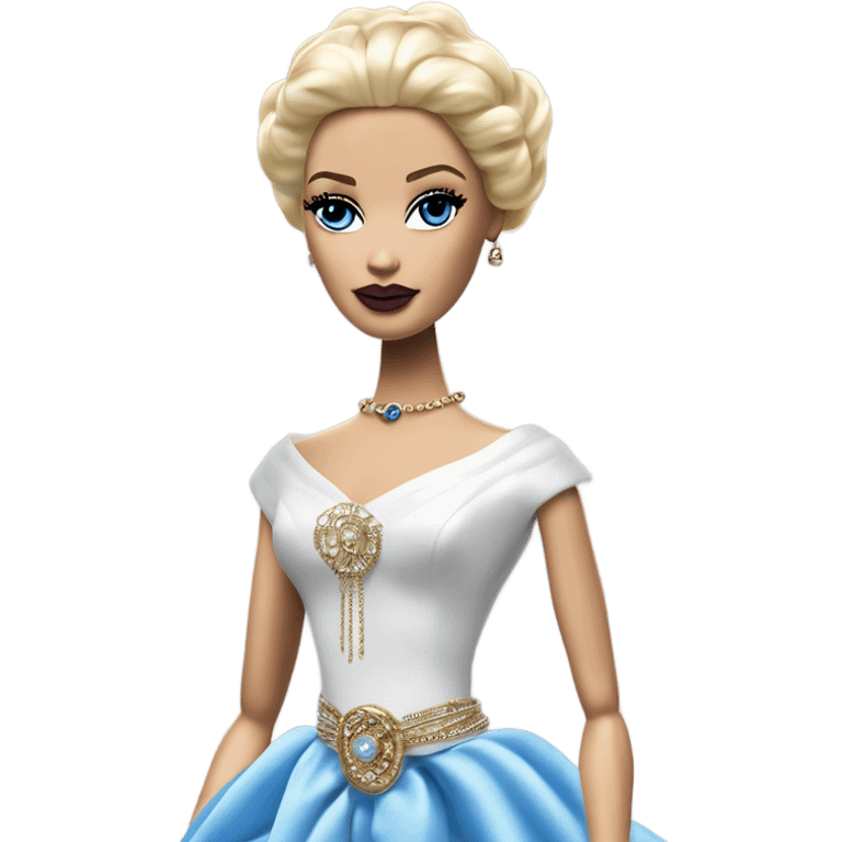 Tall realistic face teen blond Morticia Addams’s in as Princess Leia Barbie in ruffled pearl-white and blue informal ball gown with gold accents and accessories  emoji