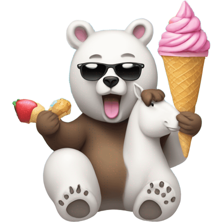 Bear whith sunglasses riding a unicorn whith ice cream  emoji