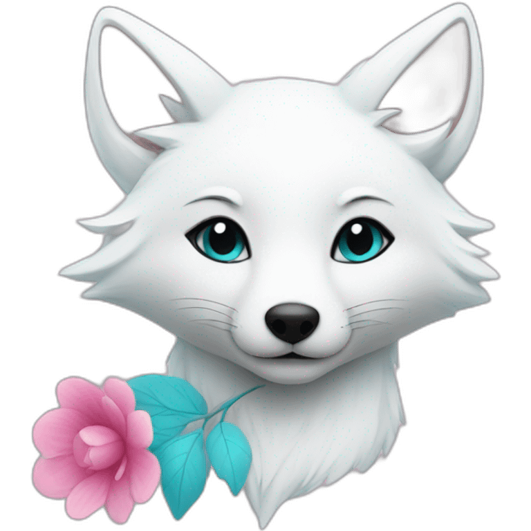 white fox with cyan hair and pink flower in it emoji